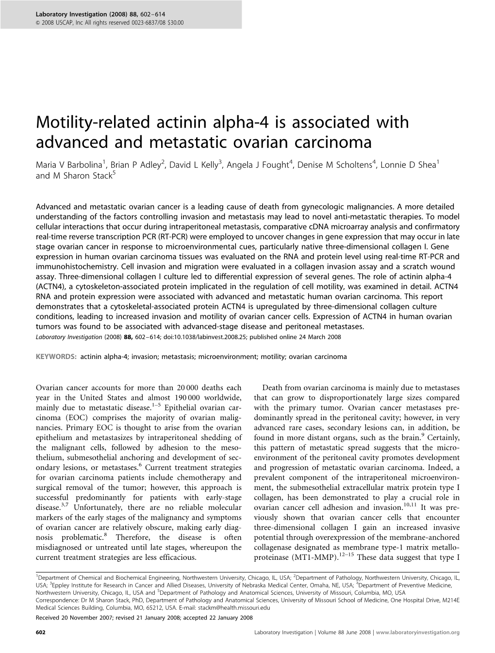 Motility-Related Actinin Alpha-4 Is Associated with Advanced And