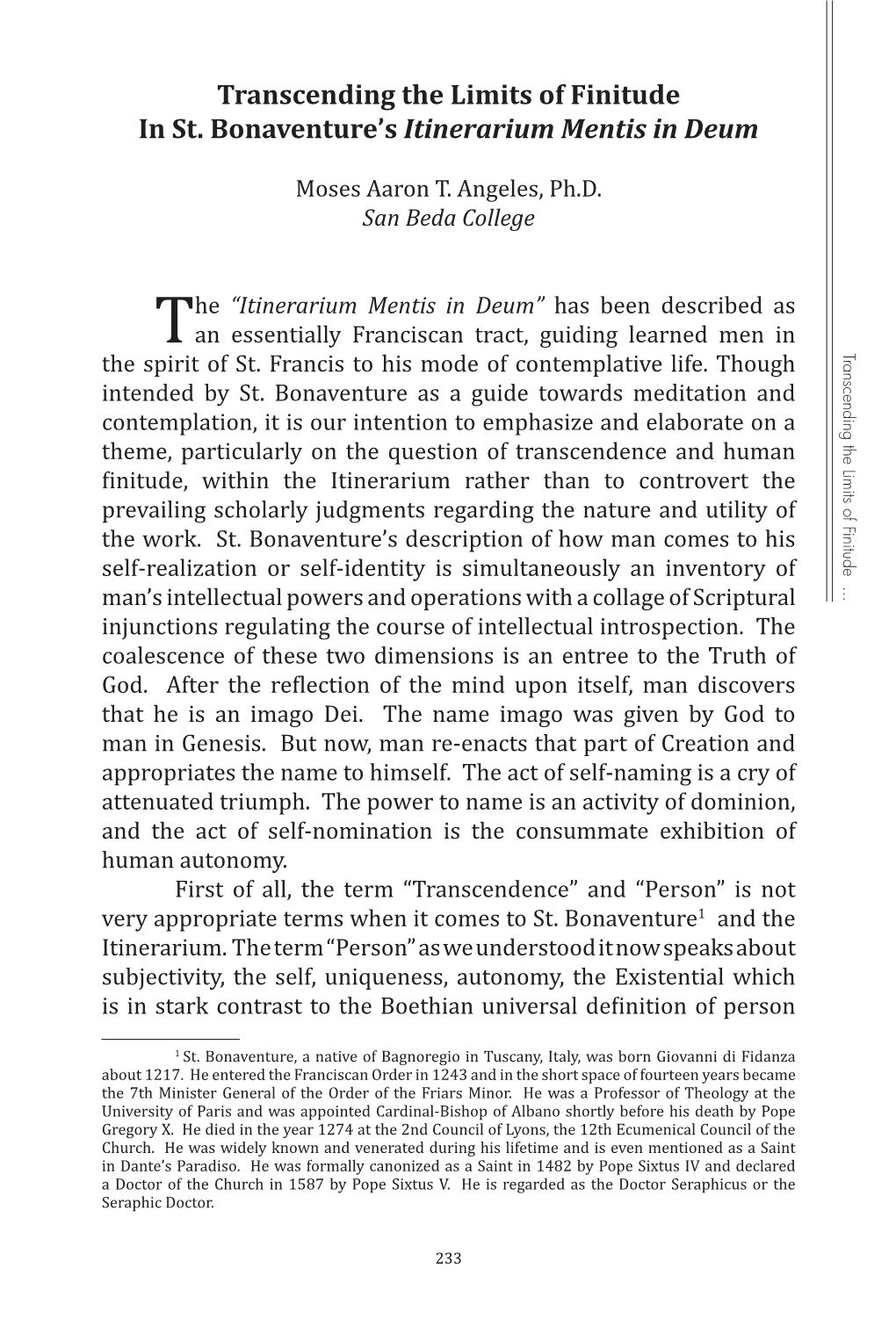 Transcending the Limits of Finitude in St. Bonaventure's Itinerarium Mentis