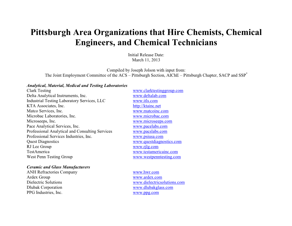 Pittsburgh Area Organizations That Hire Chemists, Chemical Engineers, and Chemical Technicians