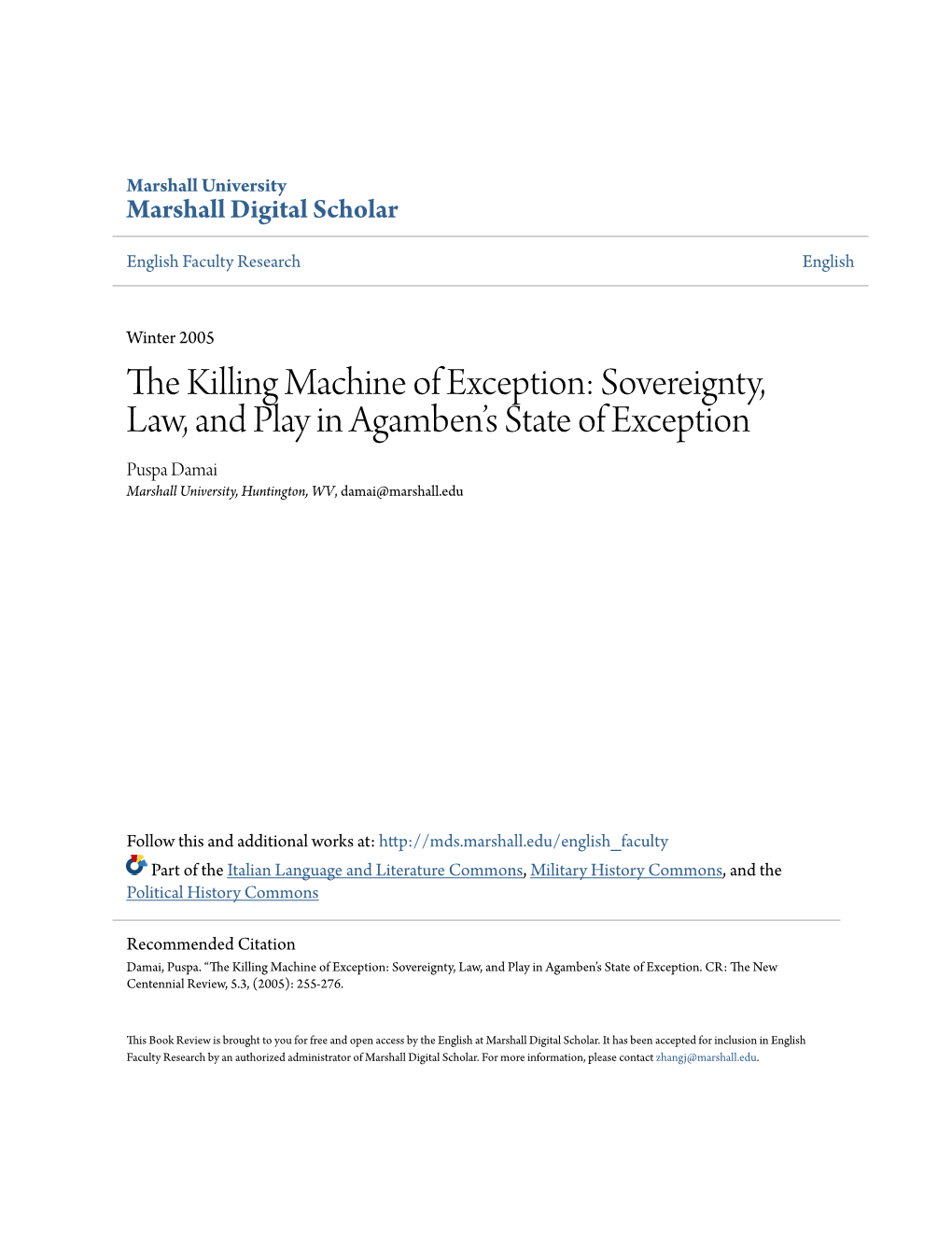 Sovereignty, Law, and Play in Agamben's State of Exception