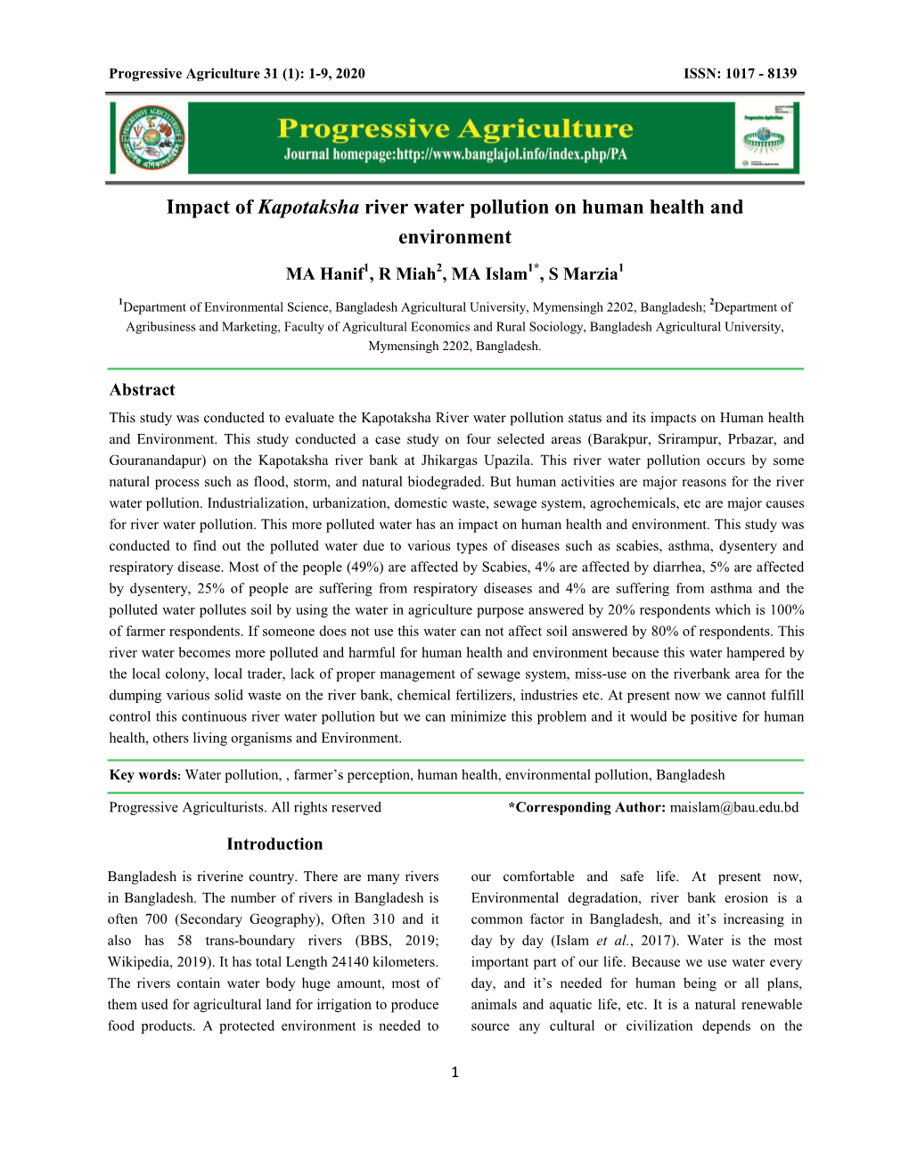 Impact of Kapotaksha River Water Pollution on Human Health and Environment MA Hanif1, R Miah2, MA Islam1*, S Marzia1