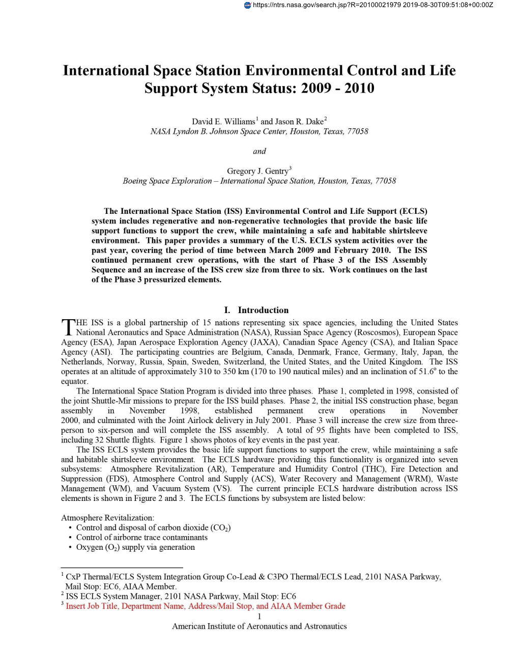 International Space Station Environmental Control and Life Support System Status: 2009 - 2010