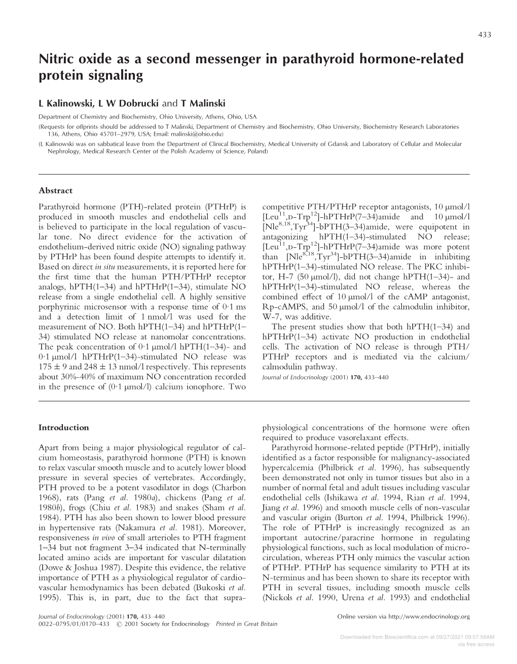 Nitric Oxide As a Second Messenger in Parathyroid Hormone-Related Protein Signaling