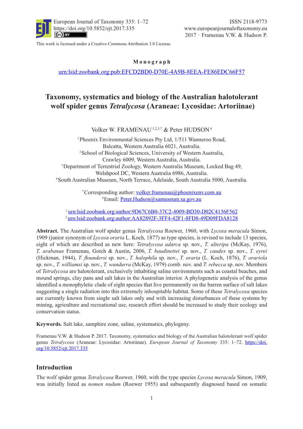 Taxonomy, Systematics and Biology of the Australian Halotolerant Wolf Spider Genus Tetralycosa (Araneae: Lycosidae: Artoriinae)