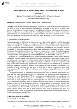 The Acquisition of Solarcity by Tesla：A Good Step Or Not? Zeyu Guo1,A 1Durham University, Elvet Hill Rd, Durham DH1 3LN, United Kingdom Achunchenxiao@Cas-Harbour.Org