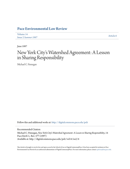 New York City's Watershed Agreement: a Lesson in Sharing Responsibility Michael C