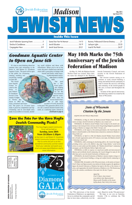 May 10Th Marks the 75Th Anniversary of the Jewish Federation of Madison