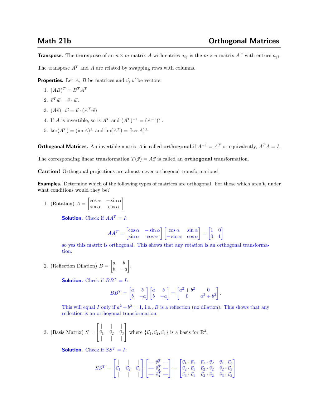 Math 21B Orthogonal Matrices