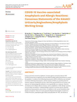 COVID-19 Vaccine-Associated Anaphylaxis and Allergic Reactions: Consensus Statements of the KAAACI Urticaria/Angioedema/Anaphylaxis Working Group