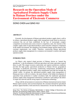 Research on the Operation Mode of Agricultural Products Supply Chain in Hainan Province Under the Environment of Electronic Commerce