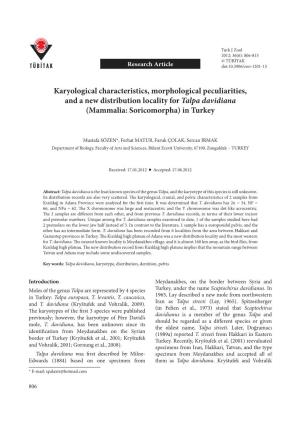Karyological Characteristics, Morphological Peculiarities, and a New Distribution Locality for Talpa Davidiana (Mammalia: Soricomorpha) in Turkey