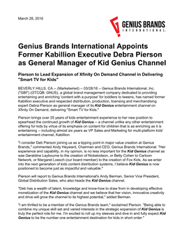 Genius Brands International Appoints Former Kabillion Executive Debra Pierson As General Manager of Kid Genius Channel