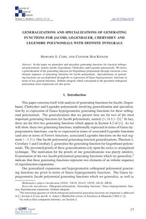 Generalizations and Specializations of Generating Functions for Jacobi, Gegenbauer, Chebyshev and Legendre Polynomials with Definite Integrals