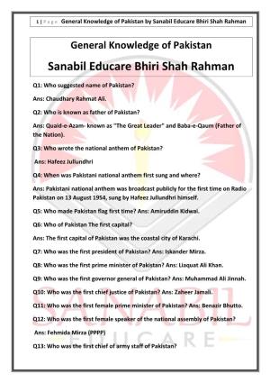 General Knowledge of Pakistan Sanabil Educare Bhiri Shah Rahman