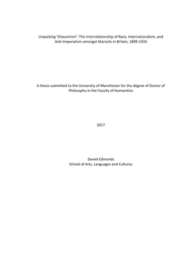 The Interrelationship of Race, Internationalism, and Anti-Imperialism Amongst Marxists in Britain, 1899-1933