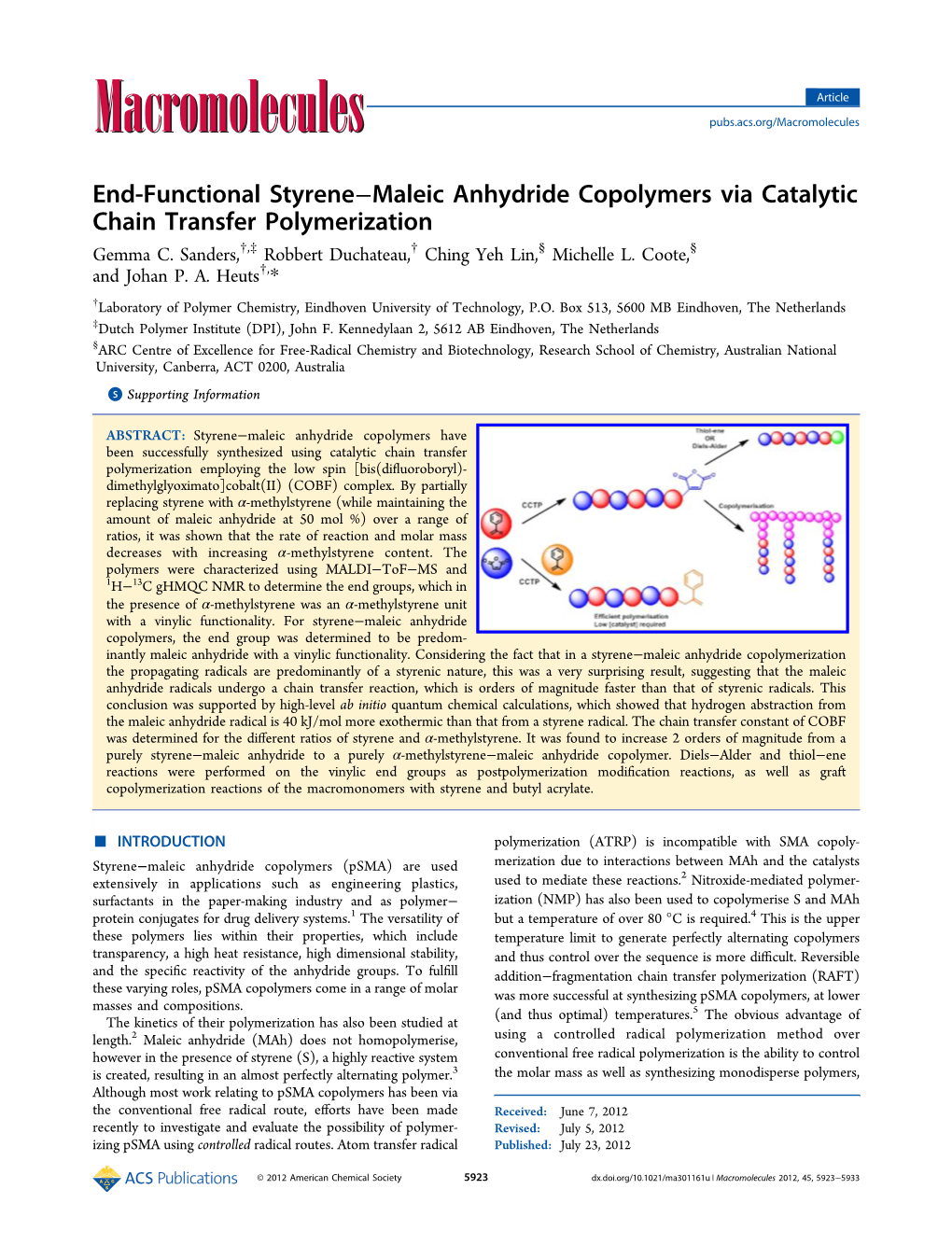 End-Functional Styrene-Maleic Anhydride Copolymers Via Catalytic