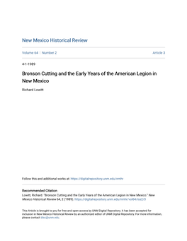 Bronson Cutting and the Early Years of the American Legion in New Mexico