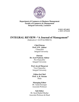 INTEGRAL REVIEW- “A Journal of Management” (Indexed at J -GATE & EBSCO)