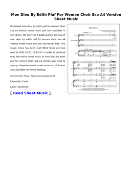 Mon Dieu by Edith Piaf for Women Choir Ssa A4 Version Sheet Music
