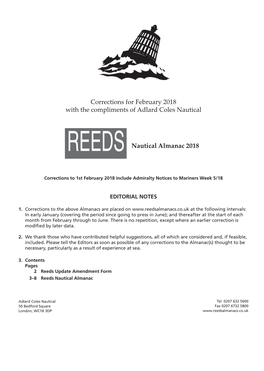 Corrections for February 2018 with the Compliments of Adlard Coles Nautical
