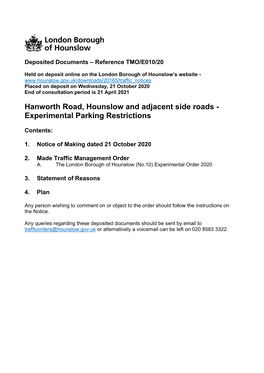 Hanworth Road, Hounslow and Adjacent Side Roads - Experimental Parking Restrictions