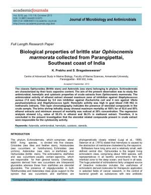 Biological Properties of Brittle Star Ophiocnemis Marmorata Collected from Parangipettai, Southeast Coast of India