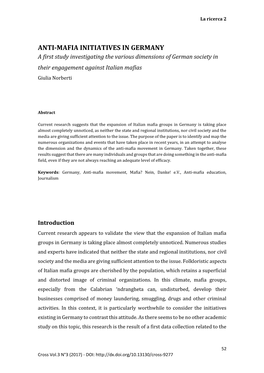 ANTI-MAFIA INITIATIVES in GERMANY a First Study Investigating the Various Dimensions of German Society in Their Engagement Against Italian Mafias Giulia Norberti