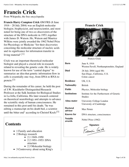 Francis Crick - Wikipedia, the Free Encyclopedia 1/17/12 5:21 PM Francis Crick from Wikipedia, the Free Encyclopedia