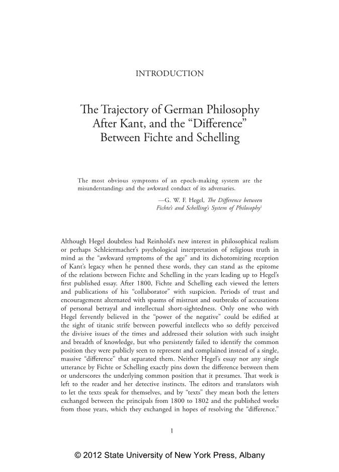 The Trajectory of German Philosophy After Kant, and the “Diﬀerence” Between Fichte and Schelling