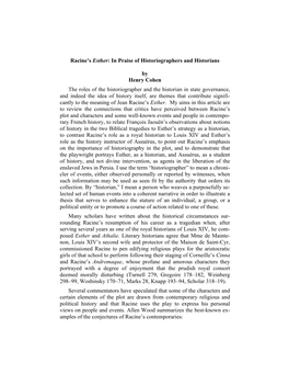 Racine's Esther: in Praise of Historiographers and Historians by Henry Cohen the Roles of the Historiographer and the Historia