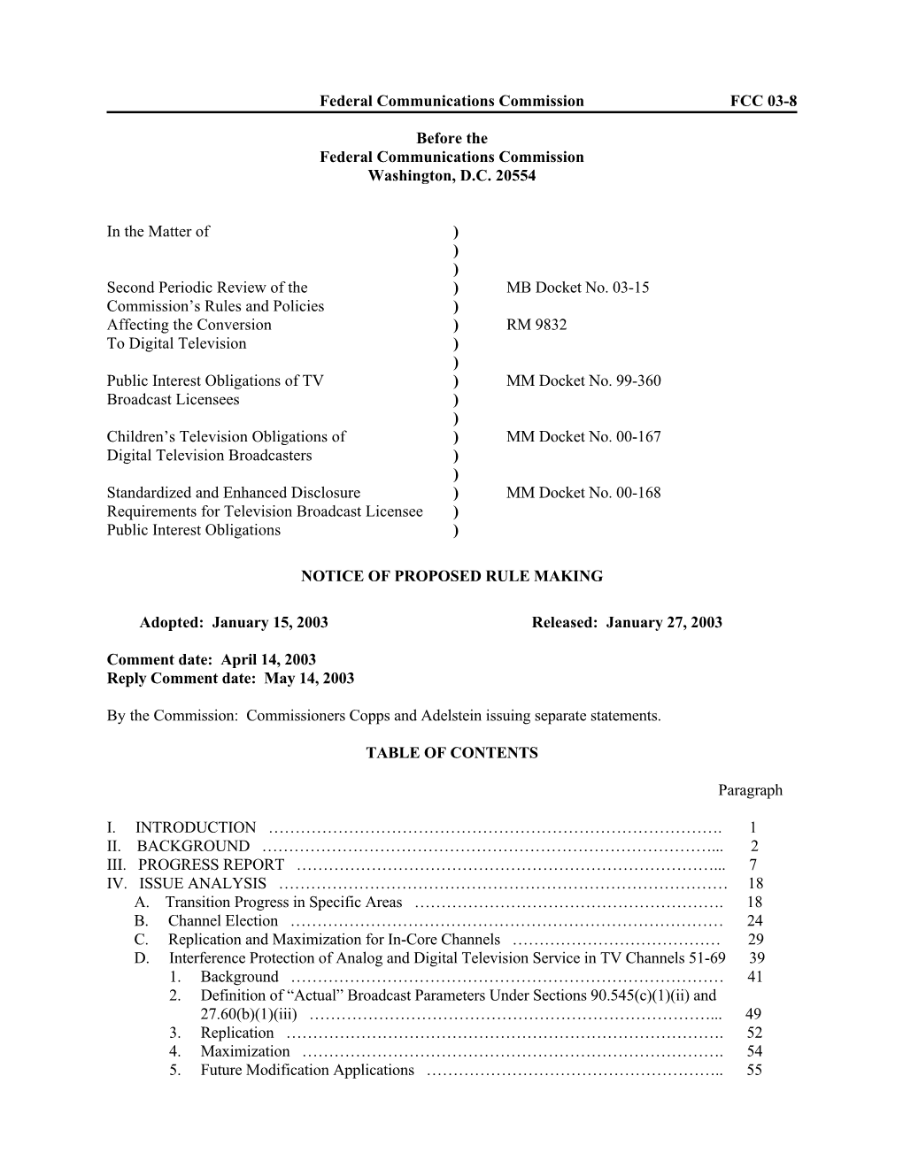 Federal Communications Commission FCC 03-8 Before the Federal