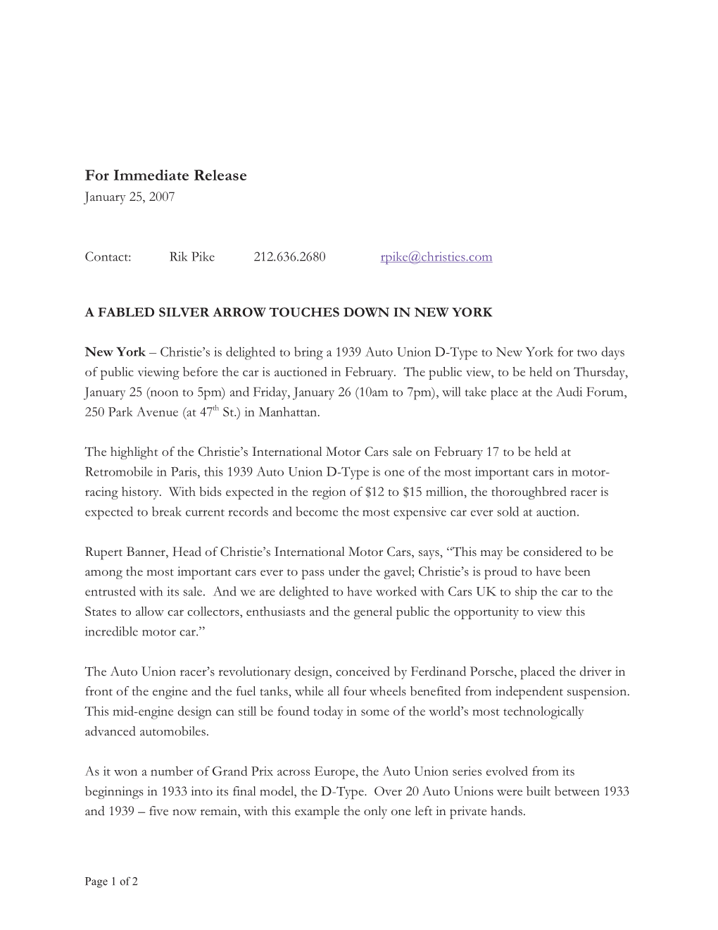 For Immediate Release January 25, 2007