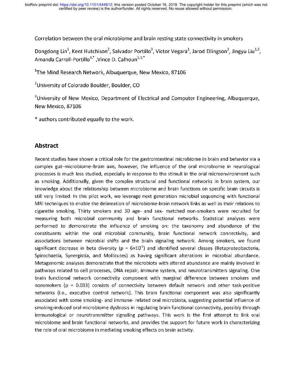 Correlation Between the Oral Microbiome and Brain Resting State Connectivity in Smokers