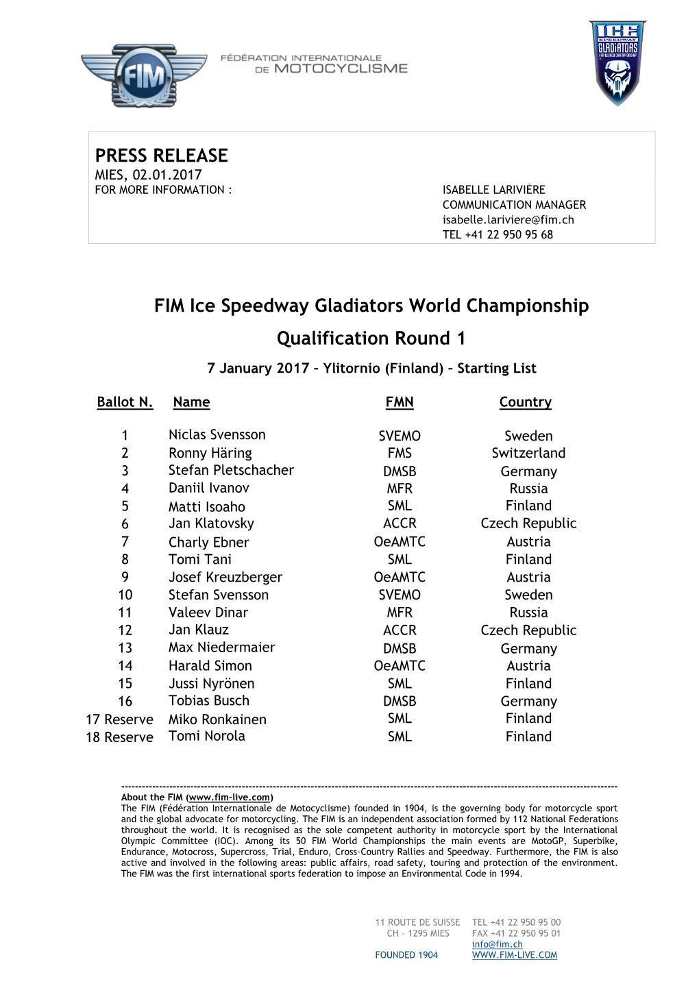 PRESS RELEASE FIM Ice Speedway Gladiators World Championship