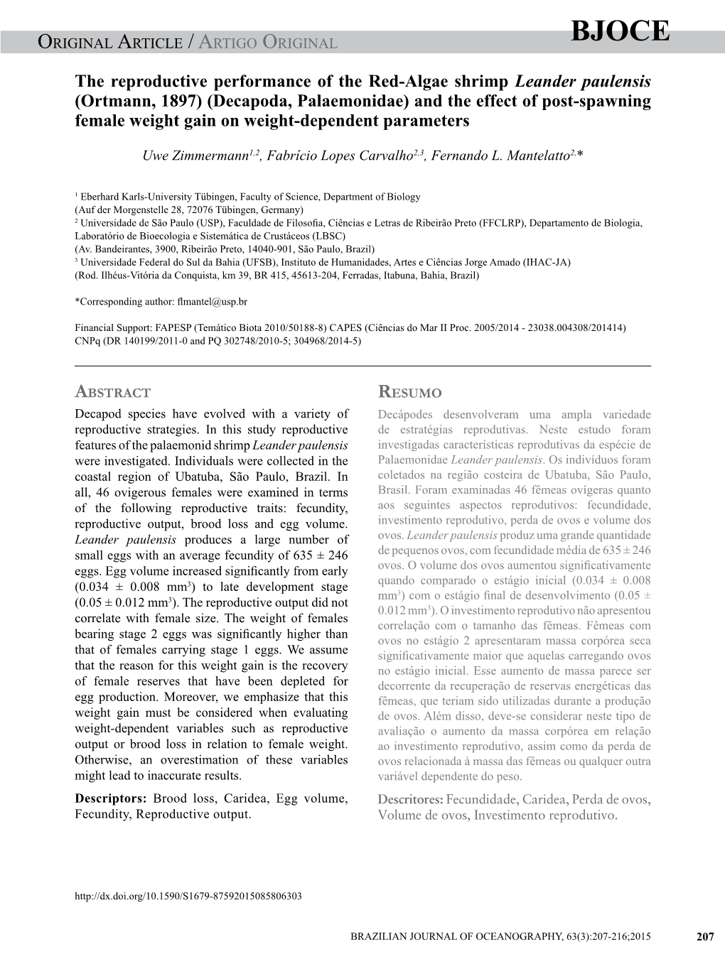 The Reproductive Performance of the Red-Algae Shrimp Leander Paulensis