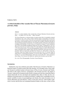 Federico Selvi a Critical Checklist of the Vascular Flora of Tuscan Maremma