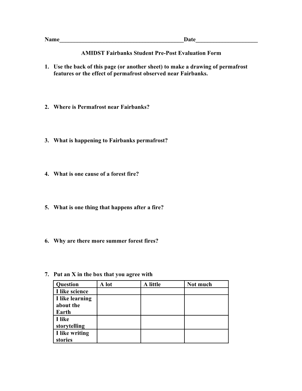 Fairbanks Student Pre Post Test