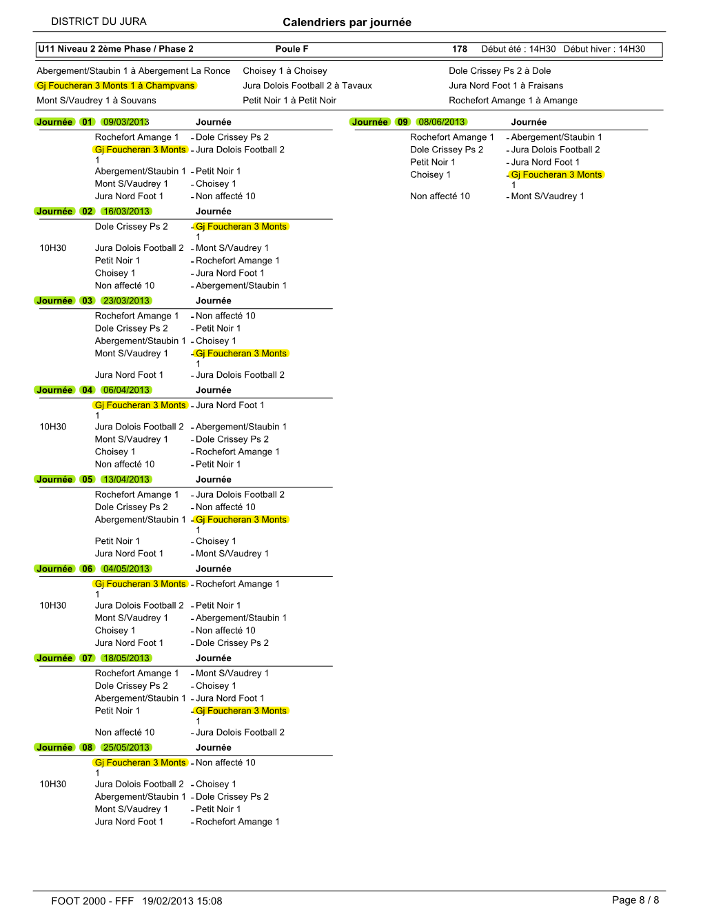 Calendrier U11A