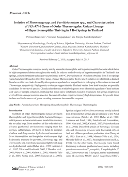 Research Article Isolation of Thermotoga Spp. and Fervidobacterium Spp., and Characterization of 16S Rrna Genes of Order Thermo