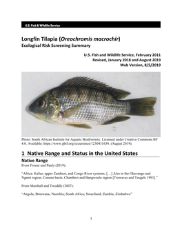 Oreochromis Macrochir (Longfin Tilapia) As a Prohibited Species (FFWCC 2019)