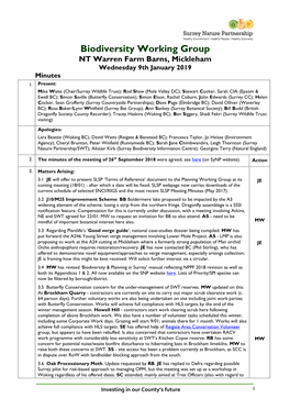 Biodiversity Working Group NT Warren Farm Barns, Mickleham Wednesday 9Th January 2019 Minutes 1