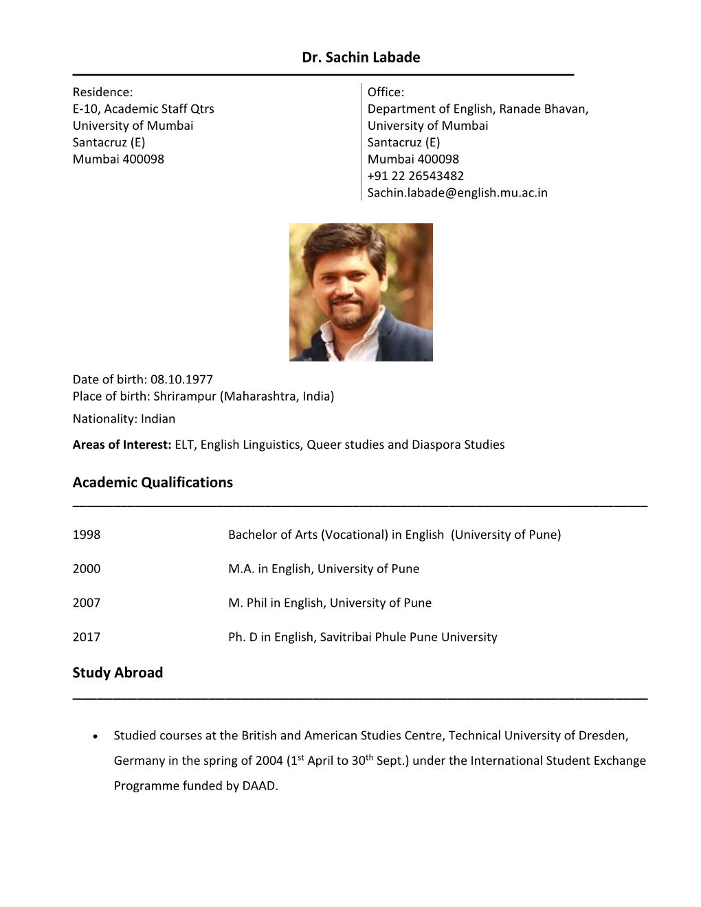 Dr. Sachin Labade Academic Qualifications