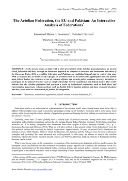 The Aetolian Federation, the EU and Pakistan: an Interactive Analysis of Federations*