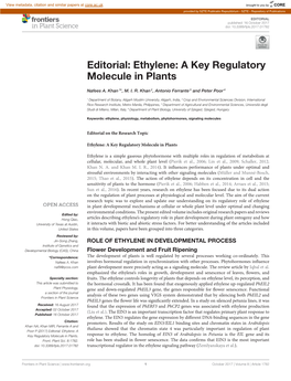 Editorial: Ethylene: a Key Regulatory Molecule in Plants