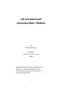 Alt Und Lebenssatt“ Ahnenliste Mehl / Pfefferle