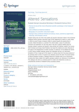 Altered Sensations Rudolph Koenig’S Acoustical Workshop in Nineteenth-Century Paris