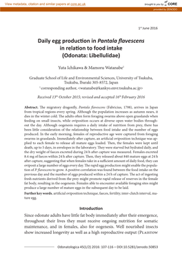Daily Egg Production in Pantala Flavescens in Relation to Food Intake