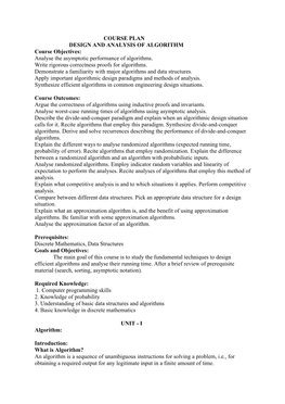 COURSE PLAN DESIGN and ANALYSIS of ALGORITHM Course Objectives: Analyse the Asymptotic Performance of Algorithms