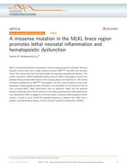 A Missense Mutation in the MLKL Brace Region Promotes Lethal Neonatal Inﬂammation and Hematopoietic Dysfunction