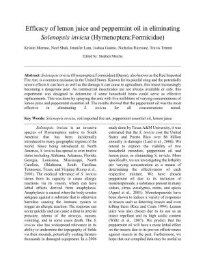 Efficacy of Lemon Juice and Peppermint Oil in Eliminating Solenopsis Invicta (Hymenoptera:Formicidae)
